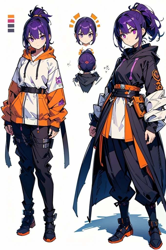  black background with spotlights, kishi-v2, Purple Hair,  with an adult-like face , ponytail,  black tights , Short hair updo,  with orange and white hair {x} in a hoodie ,  I was wearing long pants,nice,big woman wearing a black robe , Nervous, COWBOY SHOOTING , sketch ( character design sheet, same characters, whole body, Three Views, Front, ~ ~ ~ side, return),(Very bright:1.1), White background, [ 1 girl:7], ( tilting your head :1.2), ([sketch|watercolor \(Moderate\)]:1.15)