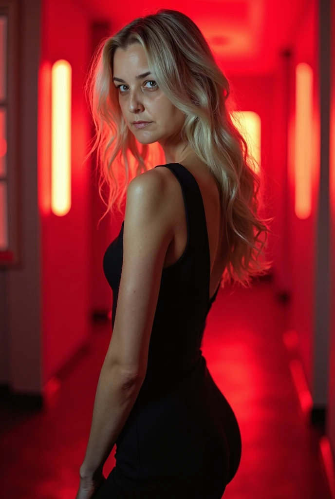 A blonde woman , , pale and blue-eyed , from 40 years ago, wearing a sexy jumpsuit , professional light, photo studio with red LED, backside shot