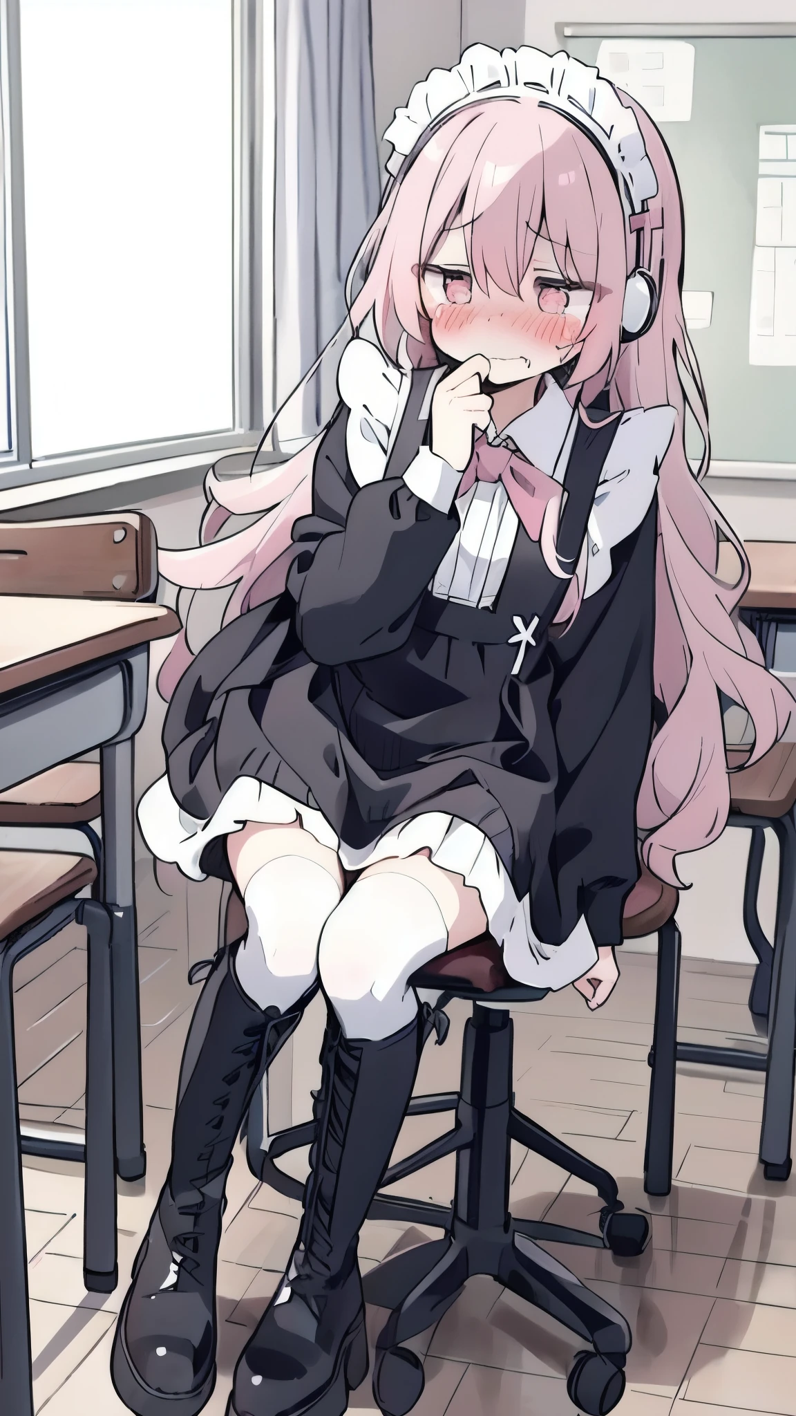  long pink hair，Maid costume， Pink Eyes ， black headphones ，White boots， blush shy，classroom scene， Embarrassment comes from ,  blush), ,, Look away, sit, Awkward,  blush, Mouth slightly open, classroom， white over-the-knee socks，classroom scene，eternal, cry, ,  tears are flowing from her eyes, Embarrassment comes from ,  blush), ( Girl is peeing : 1.2),, Look away, sit, Awkward,  blush, Mouth slightly open, classroom (Girl is leaking urine ): 1.5)