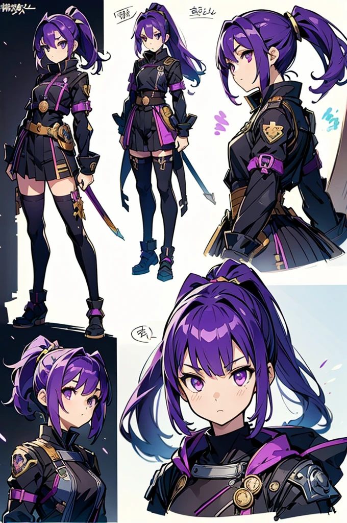  black background with spotlights, kishi-v2, Purple Hair,  ponytail,  black tights , sketch ( character design sheet, same characters, whole body, Three Views, Front, ~ ~ ~ side, return),(Very bright:1.1),