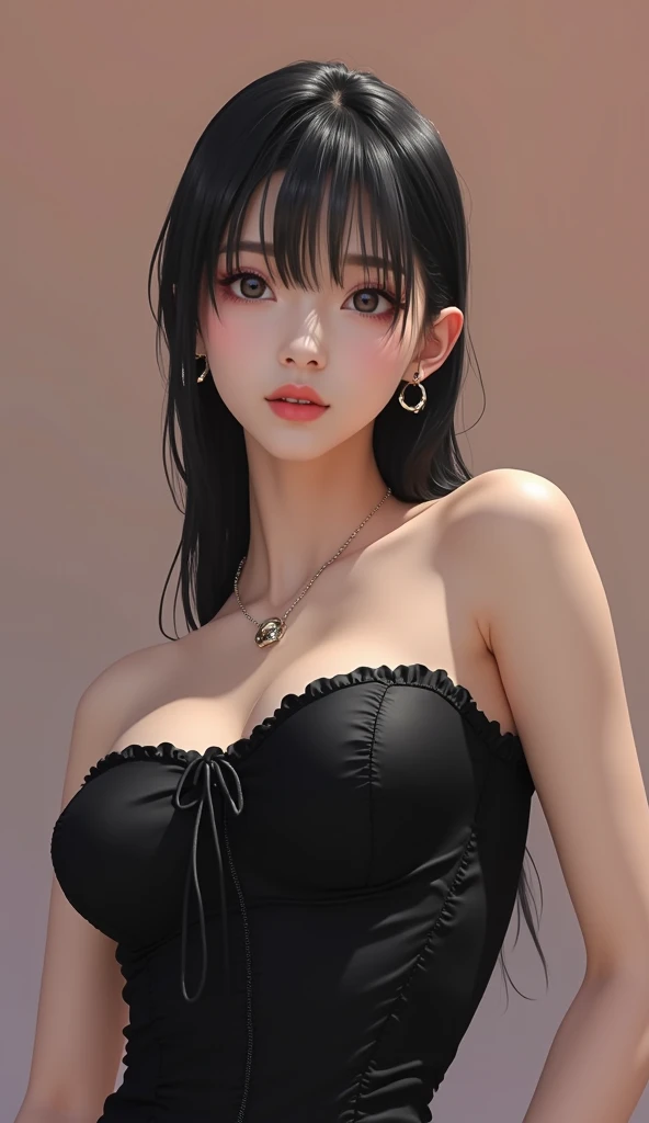 Bar counter, night view, Japanese woman, 28 years old, black long hair, red lipstick, pearl earrings, languid expression, sexy, mature charm, movie scene

Outfit: Mature bikini showing off her long