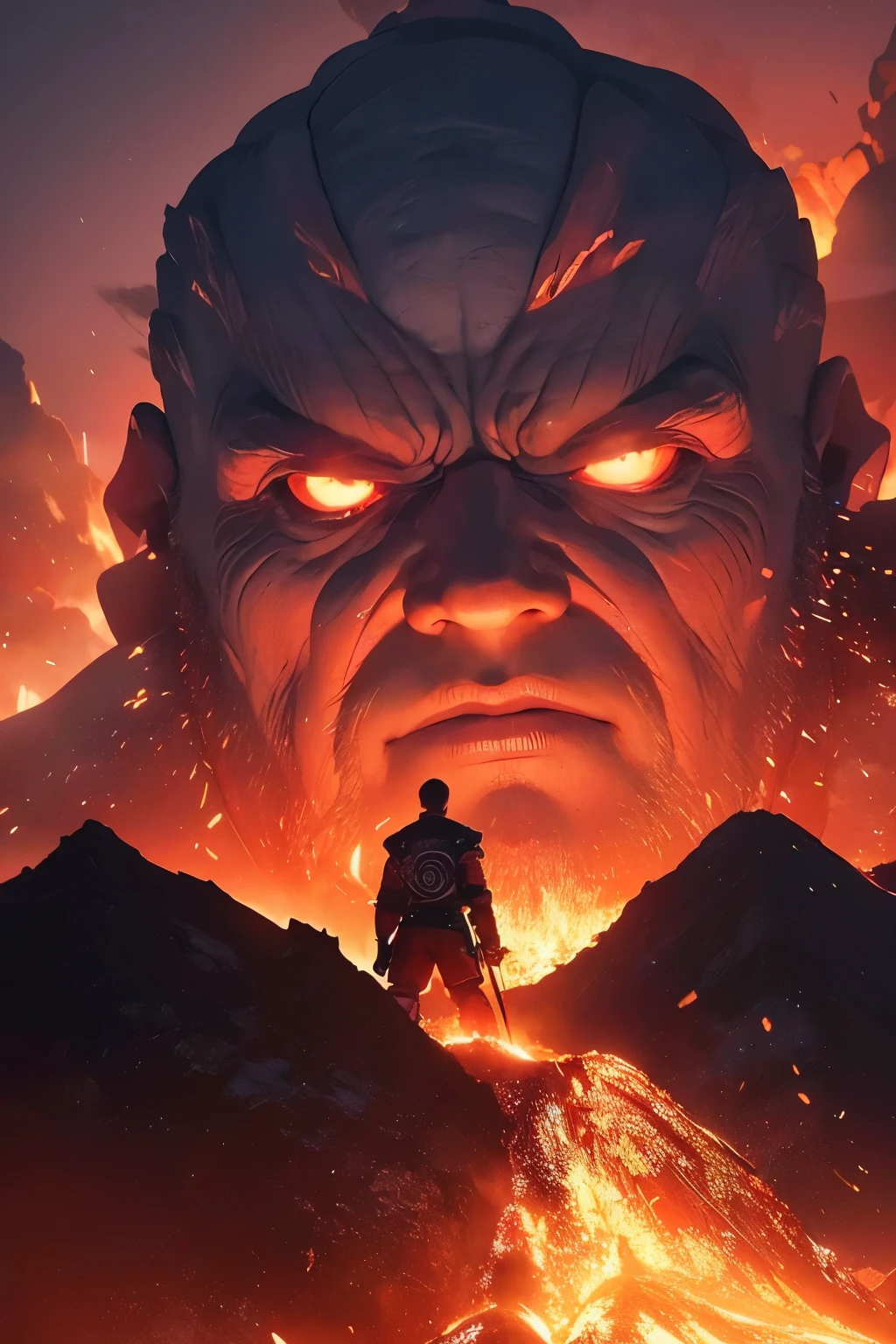Giants, Colossus, Djinn God, Titan, Overlooking, Flame, City, City wall, Skyline, Battlefield, Explosion, Master composition, Diagonal composition, Film quality, 8K