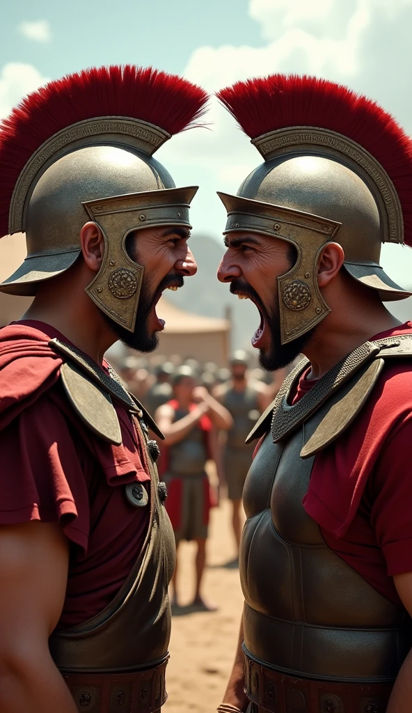The three Roman soldiers have their mouths wide open and are shouting at each other and are very angry.