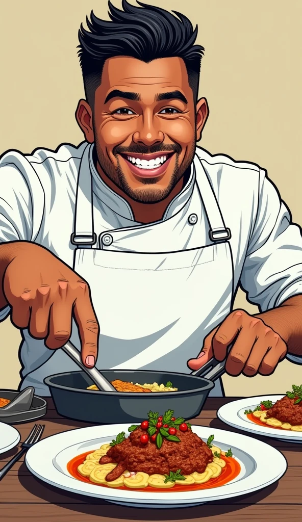 Old school comic Close-up of Daniel Sancho in a chef's apron, smiling cooking and plating dishes for his YouTube audience.