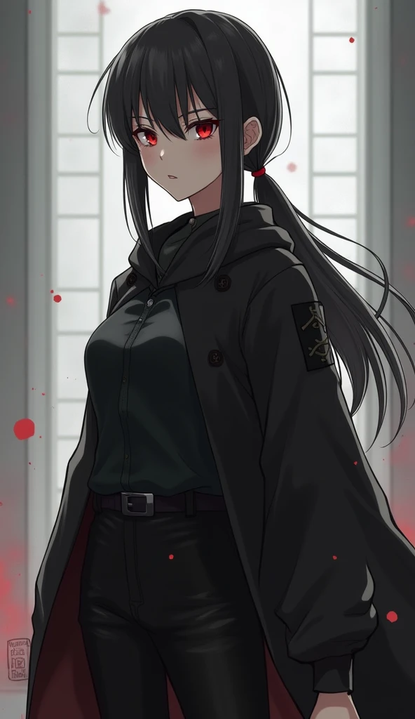 anime style. full body standing picture . The girl is 193 centimeters tall and is a handsome girl with a beautiful face. In some places, he was mistaken for a man. Black hair, red eyes, sharp eyesight, and hair pulled back in a shoulder-length ponytail. Wear black clothes like an English nobleman. Looks scary and intimidating. Her face was smooth as if she didn't care about anything.