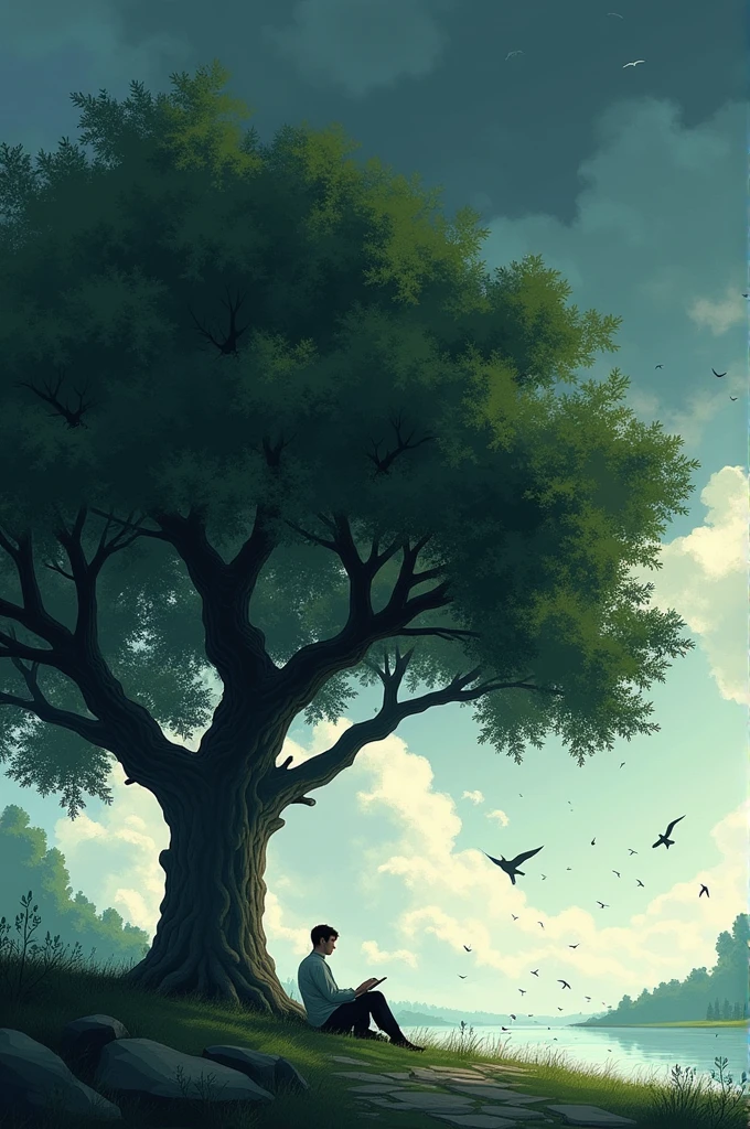 a big tree , a man relaxing under tree , lite wind sky in dark clouds and birds flying in white colour,  -variation - 