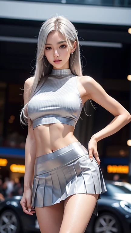 Photorealistic, High resolution, Soft light,1womanl, Solo, hips up high, (Detailed face),The tattoo, Jewelry, ((Girl opening her legs in classroom)),On the podium,Wear a uniform、(Black flared skirt),Bigchest,low chest, (short cut hair)、((up skirt))、((mix4))、((appearance々Colored panties))、((Golden white hair))