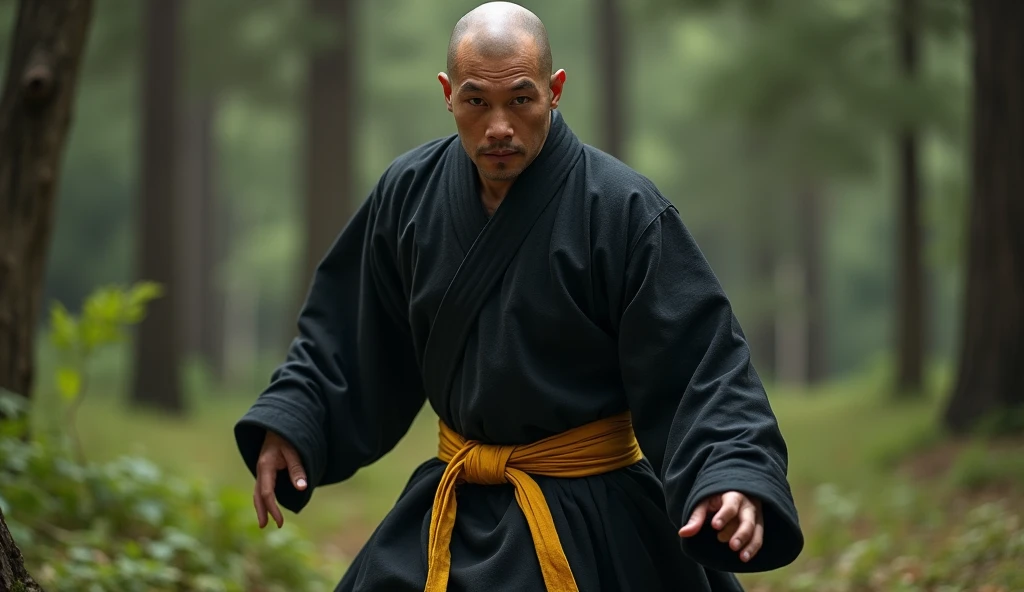 (Photo is realistic) portrait of monk, Monk in combat , long clothes , black clothes, Yellow waist belt , details, ideal, background with nature , natural background, cinematic light , cinematic contrast, Focus on pose , art.
