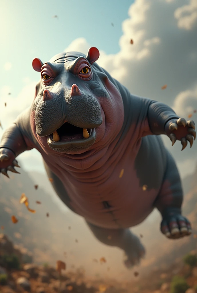 "A hyper-realistic image of a powerful hippopotamus charging forward in an open savannah landscape. The hippopotamus has large,an intense expression, with dust being kicked up from the ground as it charges. The scene is set against a dramatic sky, with distant trees blurred in the background."
