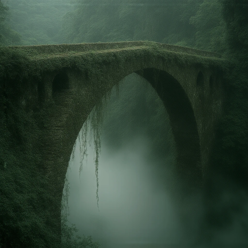 ancient bridge, moss covered, overgrown vines, dense fog, soft light, tranquil atmosphere, muted colors, serene landscape, ethereal ambiance, timeless setting, weathered materials, diffuse lighting, mystical environment