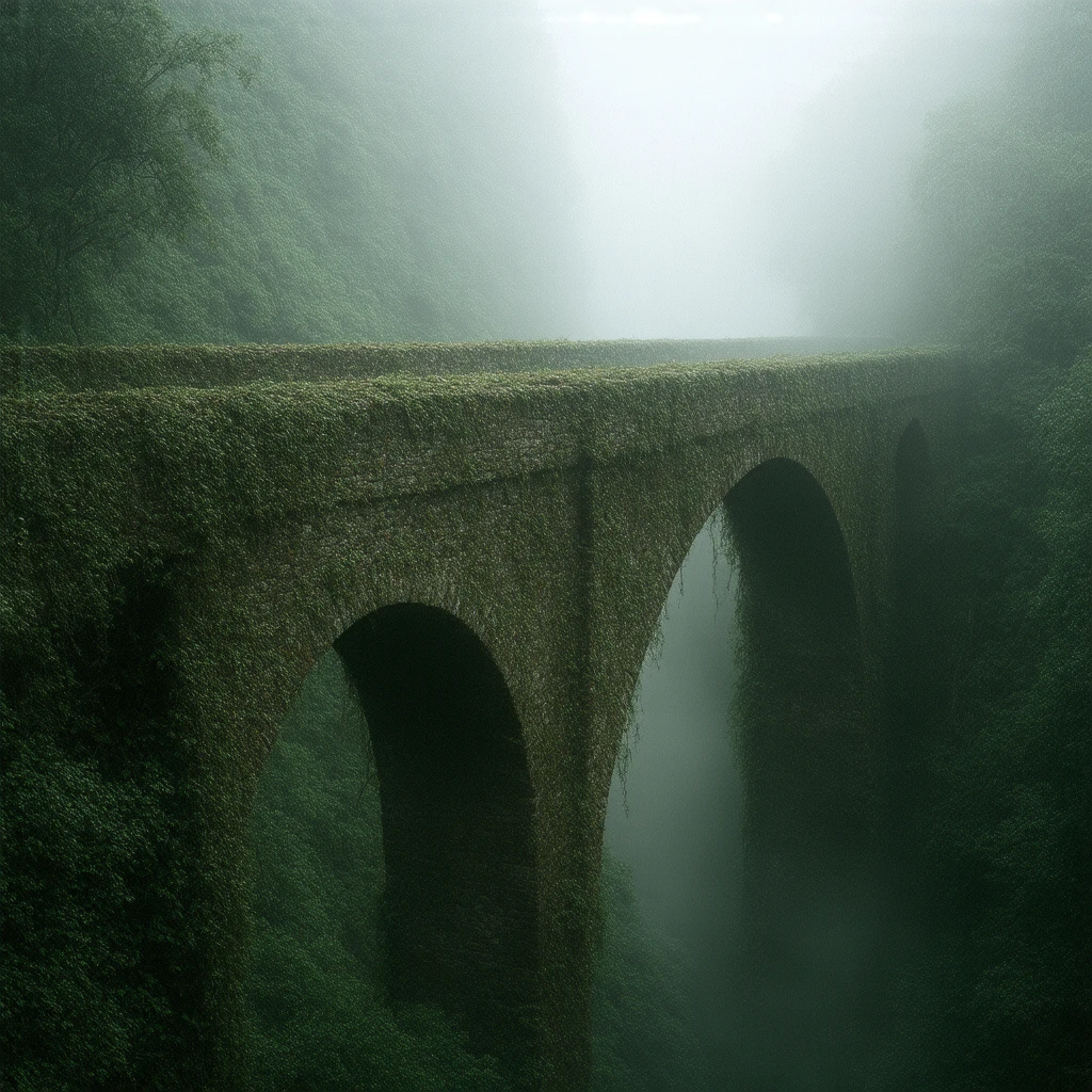 ancient bridge, moss covered, overgrown vines, dense fog, soft light, tranquil atmosphere, muted colors, serene landscape, ethereal ambiance, timeless setting, weathered materials, diffuse lighting, mystical environment