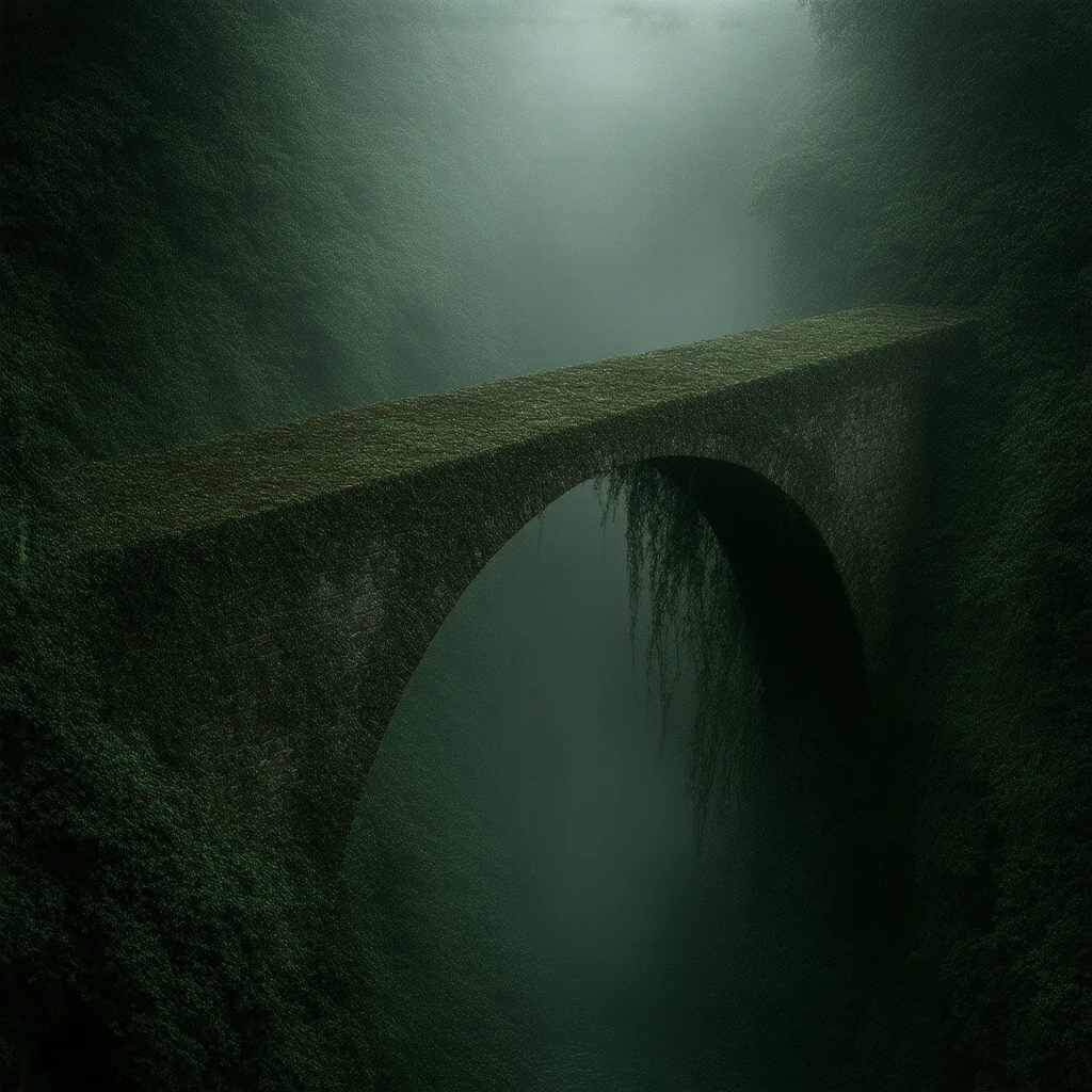 ancient bridge, moss covered, overgrown vines, dense fog, soft light, tranquil atmosphere, muted colors, serene landscape, ethereal ambiance, timeless setting, weathered materials, diffuse lighting, mystical environment