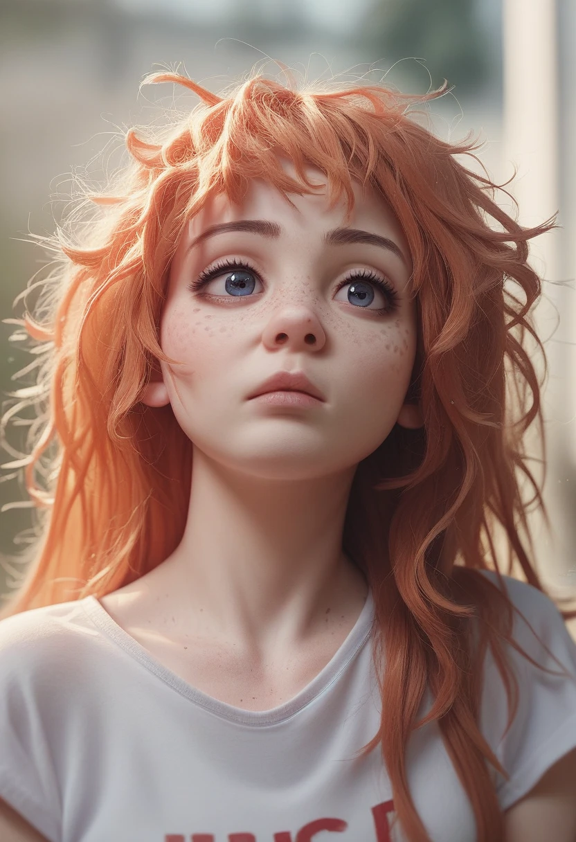 1girl, idol, close-up, collarbone, ,, photo, film, depth of field, skin texture, t-shirt, rubber band, topknot, long hair, messy hair, freckles,naked