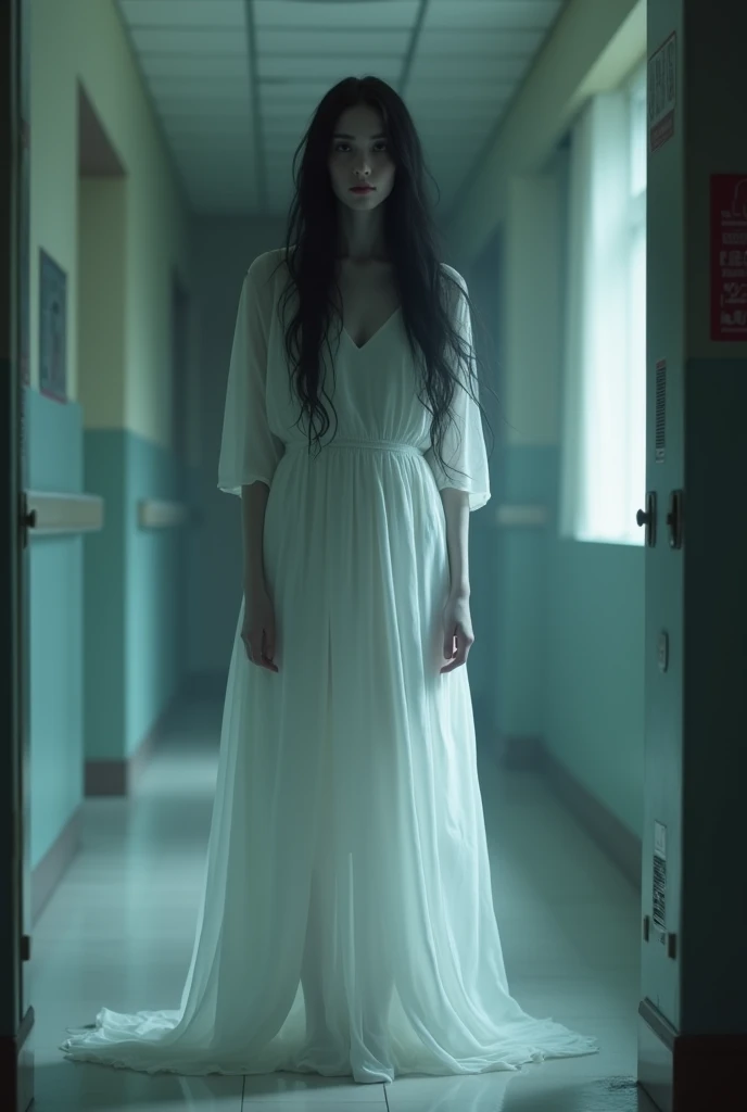 ghost girl, realistic, long black hair, pale white skin, white dress ,standing at hospital hallway