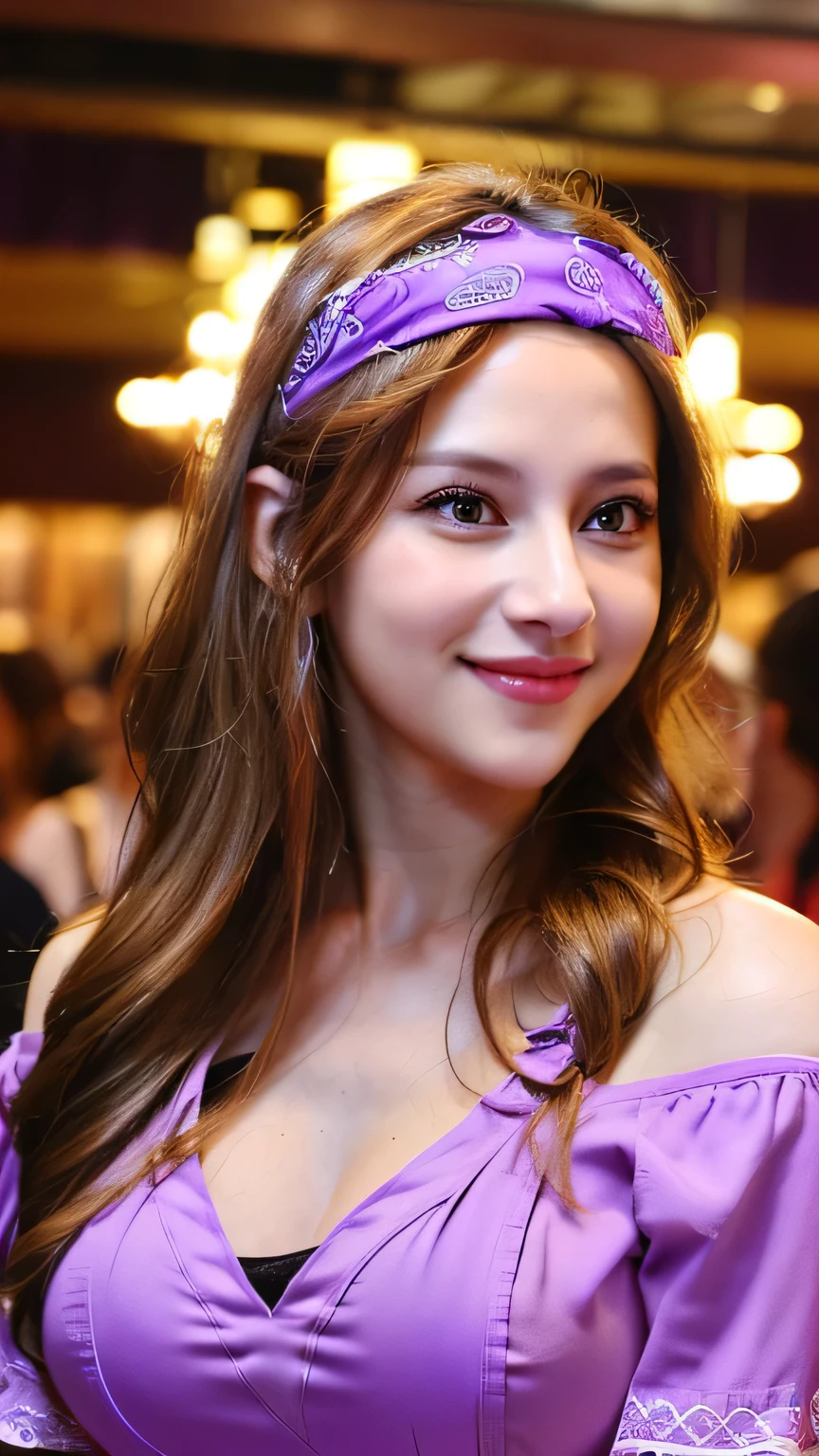 Female ((30year old)), hair ((long, wavy, brown)), eyes ((hazel, smart eyes)), clothes ((Polyester, hotpants, off-shoulders, purple, light purple)), accessories ((hairband)), gigantic breast, oppai, seductive smile, smiling, indoor , night club, night ambience atmosphere