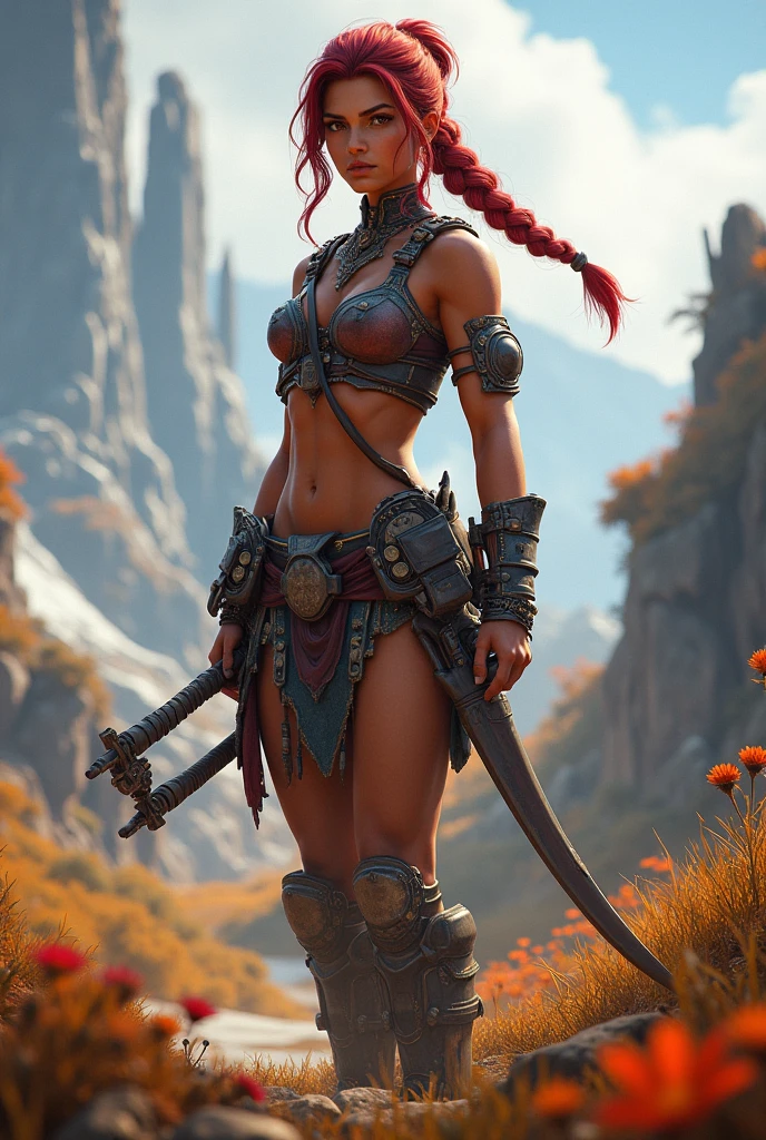 ((Full body. standing):2) (({Only 1/Female}):2):{((wearing extremely sexual Spartan warrior costume, short and tight on her body):1.5), ((extremely large breasts ):1.5), ((red mohawk hair, red eyes):1.5) ((tattoos all over body, blood running down body, looking at viewer, seductive smile):1.5), ((striking erotic poses):1.5) }; {((Background: Spartan city in ancient Greece crowded with Spartan warriors, with different colored hair style, Spartan army attire):1.5)}, Hyperrealism, 16k, ((best quality, high details): 1.4), anatomically correct , masterpiece, UHD