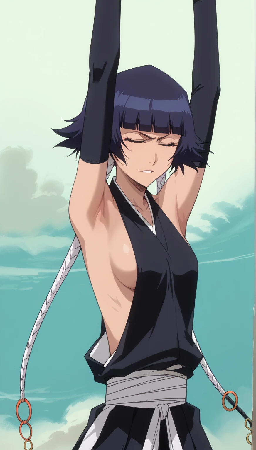 (masterpiece, ultra high quality), (standing:1.3), (1girl), (solo), (female focus), (Furry), (Anime art style), (Singular large red horn on the left side of her head), (half human/half snake hybrid female)), ((sexy pose), (Messy bob-cut with bangs), (big eyebrows), (snake tail) (Cute anime snake eyes), (mechanical limbs attached to nude, limbless female body)
