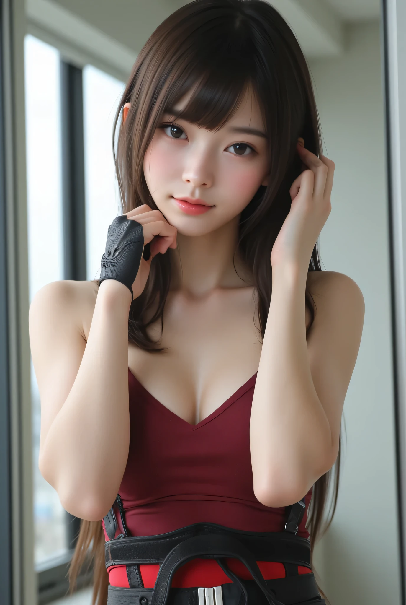 Photographs high definition, "Japaness young face Female" , white skin, beautiful chests , "shy face feeling good" , tank top, pale skin, school girl, In pretty modern dress with armory, ""looking up on camera doing push-up sweat fluid on face"", random environments, 