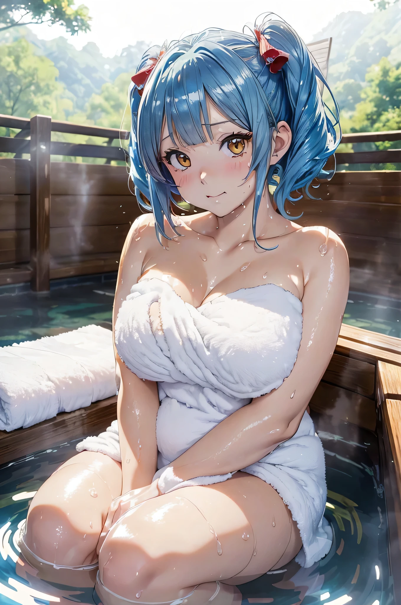 sexy anime girl,in the Bathtub , bathroom, cute face, big bust, short hair, Blue hair, purple eyes, naked , Big Tits, perspective from below, pov below, ambient lighting