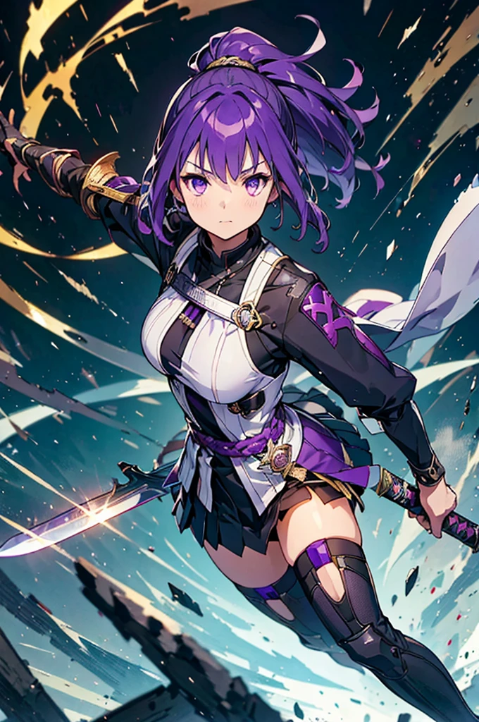  black background with spotlights, kishi-v2, Purple Hair,  braided ponytail ,  black tights ,arms( I have a sword), battle scene 、