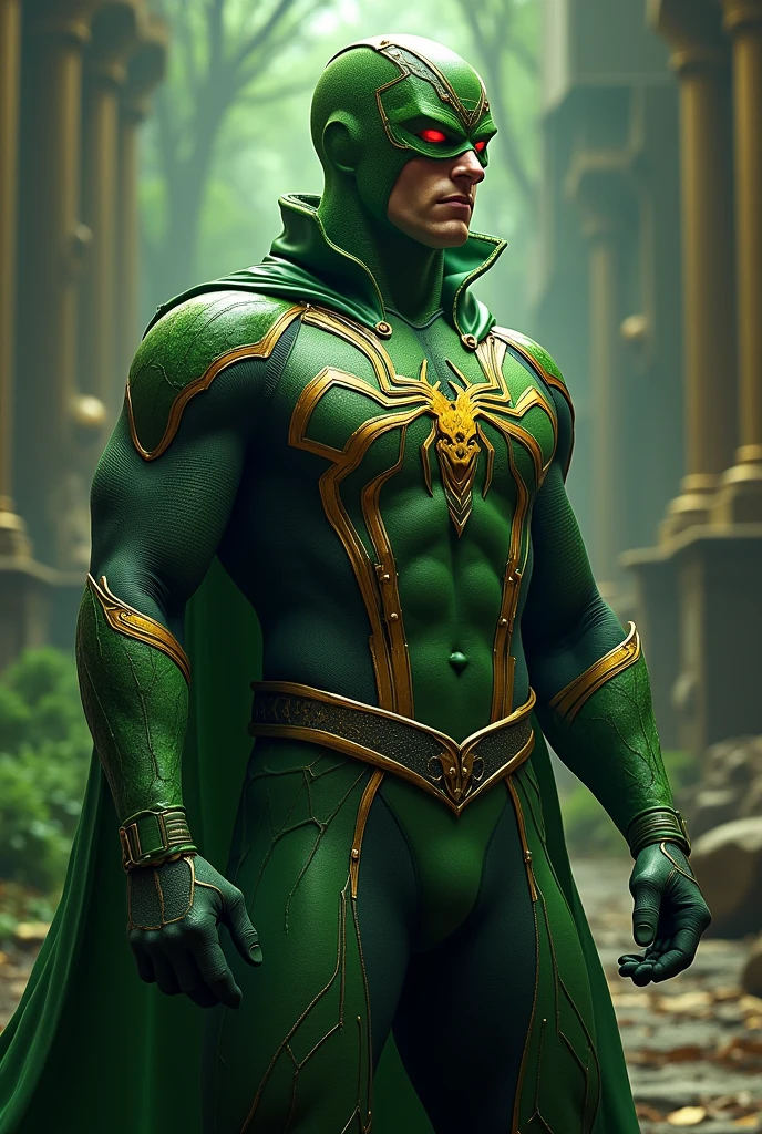 superhero, protector of nature, completely masked, green outfit themed with nature, Deadpool-style outfit, nature background