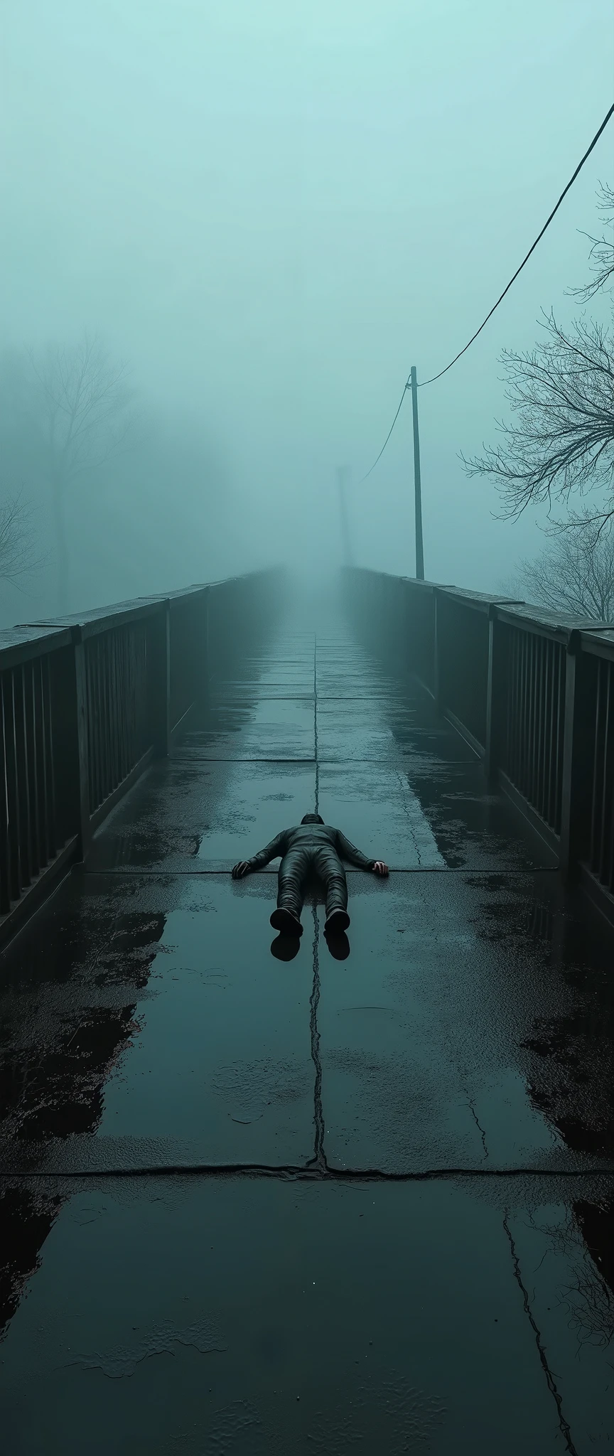 (masterpiece:1.2,Superior Quality,Mirror finish, Movie experiences ,  Best Illustration  ,Super detailed),8k, wallpaper, Movie Lighting,( describe the depth of the border  ),(Sniper rifle scope perspective ),(Draw scope reticle),( old bridge shrouded in fog :2.0)(A dead body lies on the bridge:2.0),(Dark atmosphere:2.0)