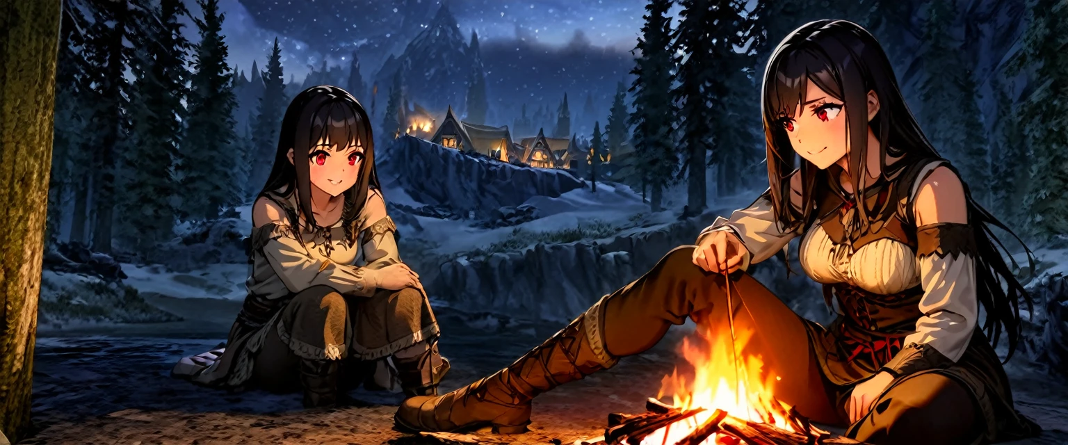 quality　 wallpaper　8k　 CG animation、 megami magazine、(masterpiece、最高quality、 so beautiful、Super detailed)、 complex details、old nordic town、Skyrim、Port、red eyes、Alone、1girl,black hair、long hair、vampire、(meadow、forest)、night sky、star night、Campfire、Warm glow、1girl,1boy、Port、Dovahkiin 、Skyrim