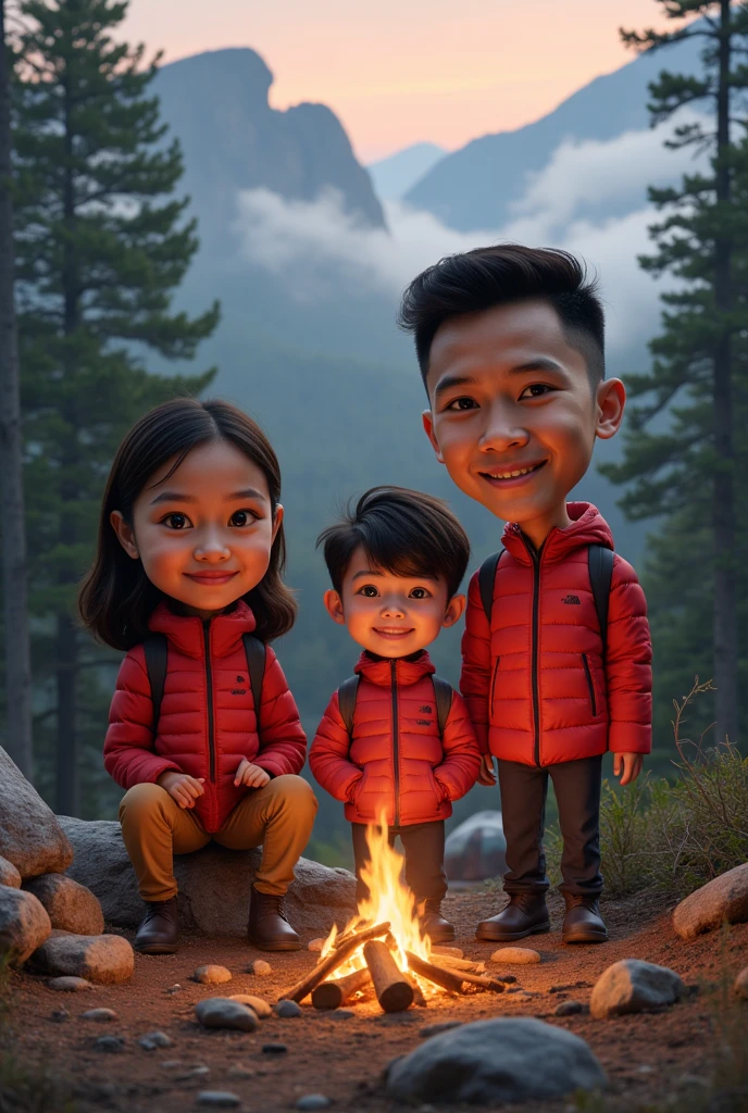 realistic caricature of an indonesian family consist of a father 35 years-old, a mother 30 years-old and a son . Big head with  proportion caricature style, they were hiking in a foggy pine forrest with rocky mountain background, wearing red the north face jacket puffer, soft smile, fog, bonfire, dome tent, hammock, orange skies, high detail, high resolution, sharp, textured skin,evening