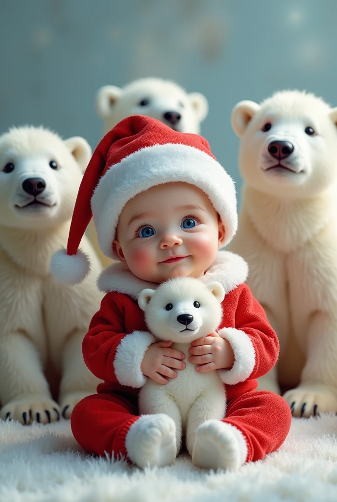   In a stunning hyperrealistic scene  ,   a baby with bright blue eyes sitting cross-legged  ,   facing the camera with a soft  ,   innocent expression  .   Your plump cheeks  , glowing with warmth  ,   are close to the lens  ,   capturing every fine detail of his soft  , delicate skin.   The baby is wearing Santa Claus clothes ,   Santa's hat perfectly coordinated colors that frame his little head with affection.   He holds a baby polar bear in his hands his little hands and behind him ,  a group of small polar bear cubs play  ,   his eyes wide and full of curiosity as they observe the baby  ,  your little ears attentive in fascination  .   The bear cubs sit harmoniously in the background , Her softness ,  flaccid,  ,   their soft fur highlighted by the soft natural lighting  .  