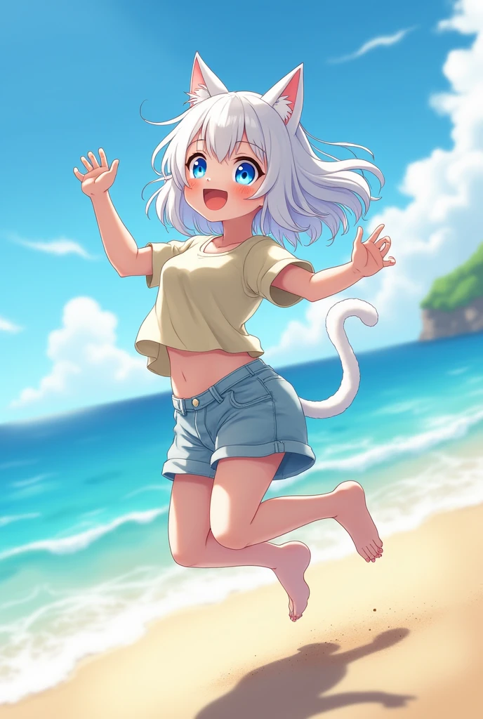 cute, young, , flat chest, catgirl, nude, happy, open mouth, on beach, fluffy white tail, long hair, proud, white hair, confident pose, long tail, walking toward viewer, showing off, low perspective