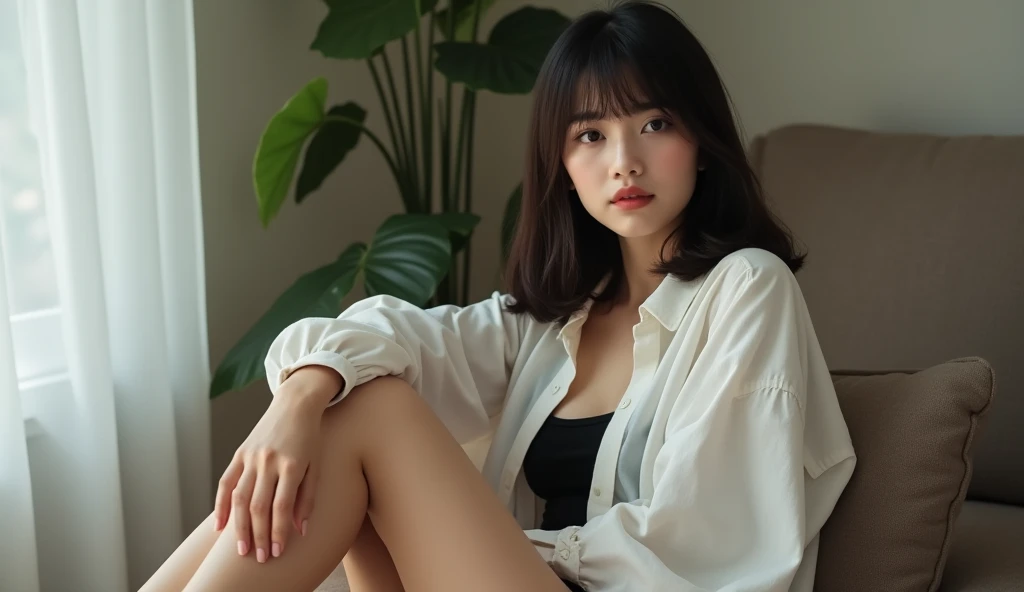 1girl,sitting on a cozy couch,crossing legs,soft light, open shirt