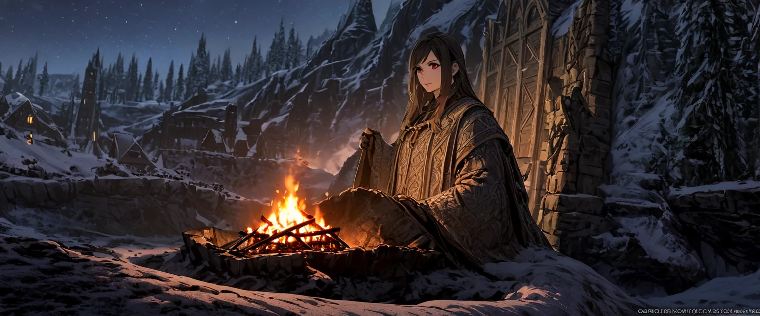 quality　 wallpaper　8k　 CG animation、 megami magazine、(masterpiece、最高quality、 so beautiful、Super detailed)、 complex details、old nordic town、Skyrim、Port、red eyes、Alone、1girl,black hair、long hair、vampire、(meadow、forest)、night sky、star night、Campfire、Warm glow、1girl,1boy、Port、Dovahkiin 、Skyrim