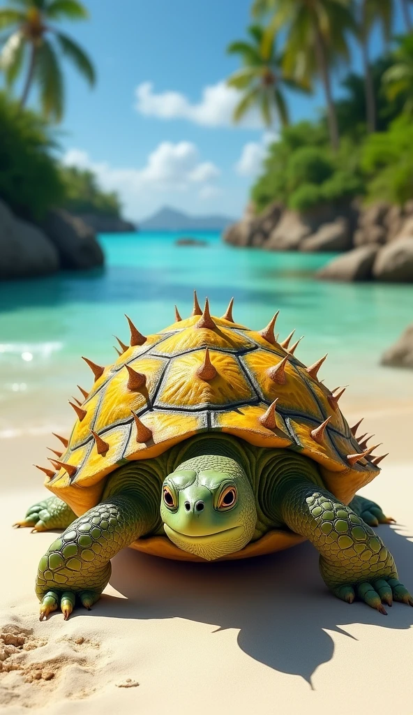 "Create a hyper-realistic depiction of a turtle with a shell resembling the textured and patterned surface of a pineapple. The shell should feature the iconic golden-yellow and green hues of a ripe pineapple, with intricate hexagonal patterns and spiked edges. The turtle's skin should have a subtle greenish-brown tone, harmonizing with the pineapple theme, and its limbs should retain realistic, detailed textures. Place the turtle in a tropical beach setting, with clear blue waters, sandy shores, and lush greenery in the background. Use enhanced lighting and sharp details to make the scene vivid, lifelike, and awe-inspiring."