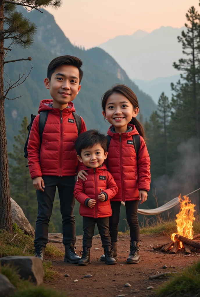 realistic caricature of an indonesian family consist of a father 35 years-old, a mother 30 years-old and a son . Big head with  proportion caricature style, they were hiking in a foggy pine forrest with rocky mountain background, wearing red the north face jacket puffer, soft smile, fog, bonfire, dome tent, hammock, orange skies, high detail, high resolution, sharp, textured skin,evening