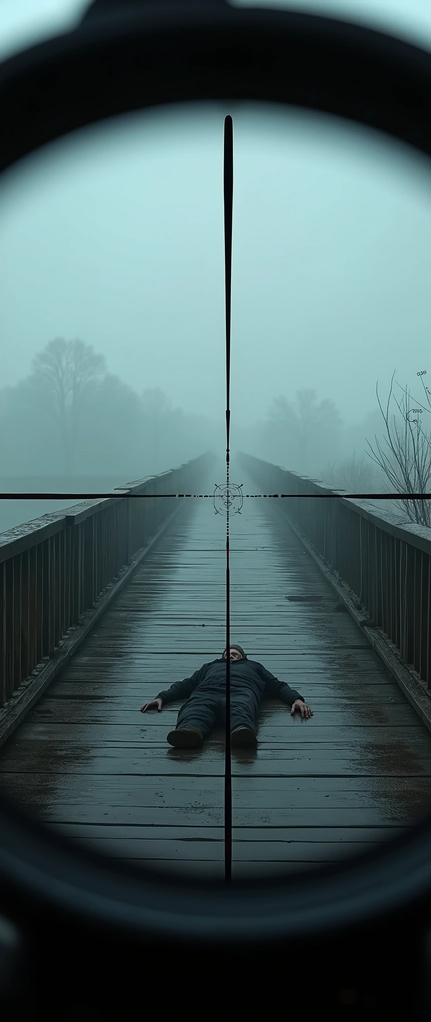 (masterpiece:1.2,Superior Quality,Mirror finish, Movie experiences ,  Best Illustration  ,Super detailed),8k, wallpaper, Movie Lighting,( describe the depth of the border  ),(Sniper rifle scope perspective ),(Draw scope reticle),( old bridge shrouded in fog :2.0)(A dead body lies on the bridge:2.0),(Dark atmosphere:2.0)