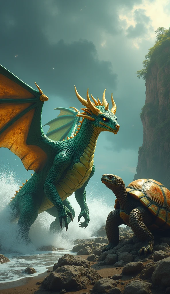 Dragon turtle，Dragon head snake tail turtle body，Stout limbs，Heavy tortoiseshell shell，Huge waves，the detail，super-fine，Ultra photo realsisim，Hyper-realistic，Works of masters，8K wind resolution，OC renderer，