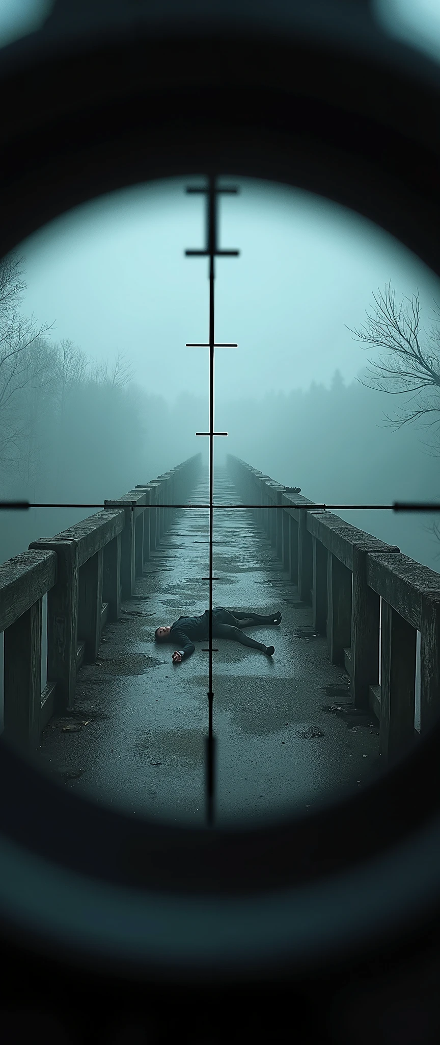 (masterpiece:1.2,Superior Quality,Mirror finish, Movie experiences ,  Best Illustration  ,Super detailed),8k, wallpaper, Movie Lighting,( describe the depth of the border  ),(Sniper rifle scope perspective ),(Draw scope reticle),( old bridge shrouded in fog :2.0)(A dead body lies on the bridge:2.0),(Dark atmosphere:2.0)