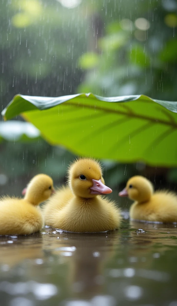 A serene, enchanting scene depicting a  crouched in shallow water, sheltered by a large vibrant green banana leaf. Raindrops fall gently, creating ripples in the water while soft hues of gray and green dominate the atmosphere. Surrounding the  are playful ducklings, their fluffy yellow feathers contrasting beautifully against the muted tones of the background. The setting conveys a sense of tranquility and innocence, reminiscent of impressionist art, with a slightly blurred, dreamy quality. Sunlight filters through the rain, adding a magical glow to the scene. Elements of lush greenery are present in the background, enhancing the ethereal quality of this peaceful moment in nature.