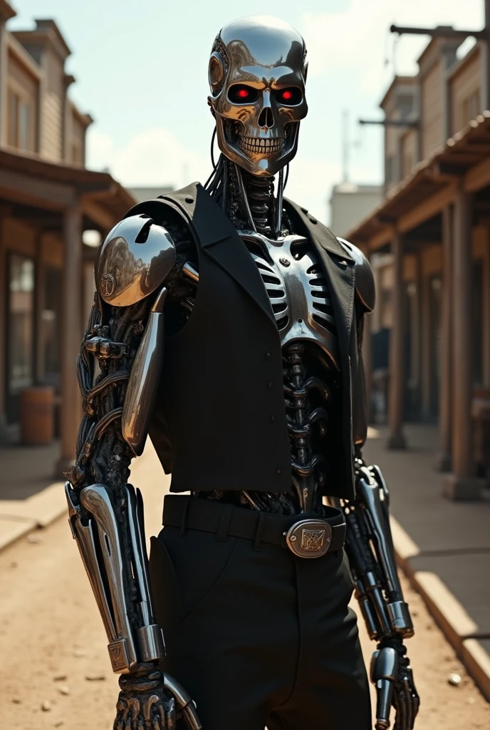 the T-800 (Schwarzenegger, age 30, physical prime, black cowboy outfit, black cwboy boots, black hat, several bloody bullet wounds), menacing, carrying a Gatling gun one handed, ammo bandolier, old west town, viewed from a low angle, show all of him
