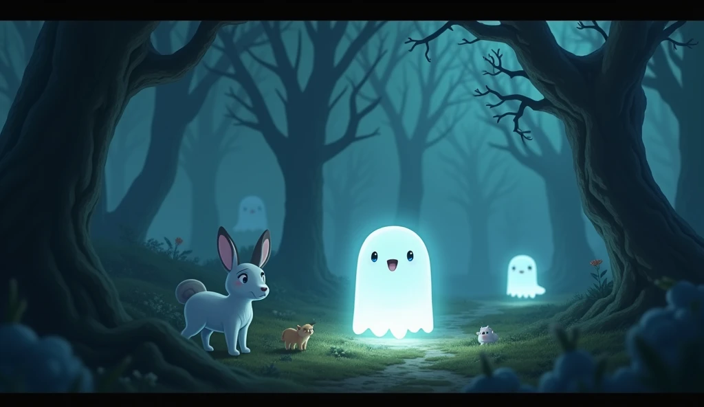 Animated image : "A cute, glowing little ghost named Casperina, with soft white skin ,"A dark forest with trees that seem to whisper in the wind. The trees are tall and twisted, and faint ghostly figures or wisps are floating in the air. Casperina and her animal friends look a bit curious but unafraid, listening to the mysterious whispers."