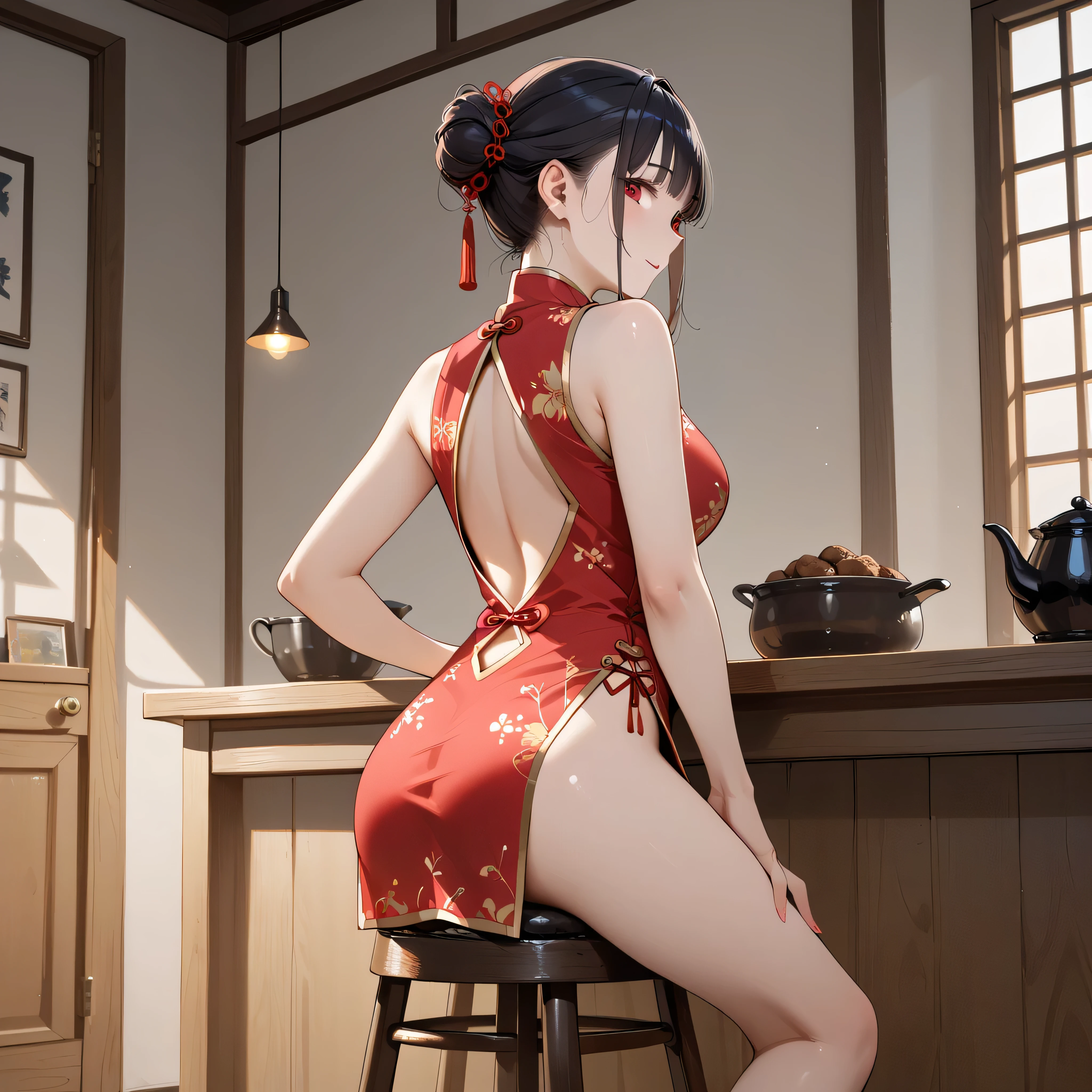 (4k),1 woman,solo,(cute:1.3),mature female,huge footers,softy saggy breasts,(1 woman is working in the chinese restaurant),((chinese dress,high heels)),dark brown hair,bangs,(smile,blush:1.3,sweat:0.4),(puffy eyes),(masterpiece:1.2,best quality:1.2),delicate illustration,ultra-detailed,chinese restaurant, detailed background,(full body,distant view),looking at viewer,ikuta,girl,more_details:0.5,