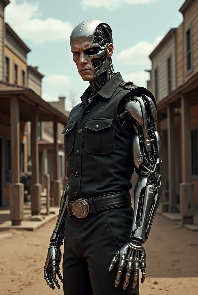 the T-800 (Schwarzenegger, age 30, physical prime, black cowboy outfit, black cwboy boots, black hat, several bloody bullet wounds), menacing, carrying a Gatling gun one handed, ammo bandolier, old west town, viewed from a low angle, show all of him
