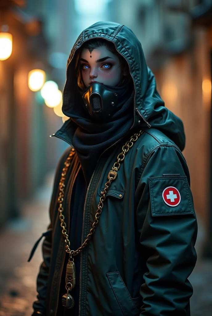 EPBbleStyle portrait , looks at the viewer , One, ( full body:0.6), detailed face, ( science fiction , radiation, nuclear , , uranatech theme :1.1), face covered with a scarf ( surgical mask :1.2),, minesweeper , ( tattoo :0.9), fingerless gloves , (Strewn:0.7) dark skin (armor:0.7), belts, , sewer background , deceptive, stolen items in the background flickering candles light, dark atmosphere , (modern, modern street, cars:1.2),, (masterpiece:1.3) ( better quality:1.2) ( high quality:1.1)