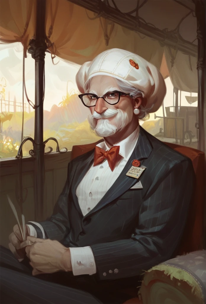  Elderly, strong, gray hair, white mustache. wearing a suit and traveling hat. Inside the house. 