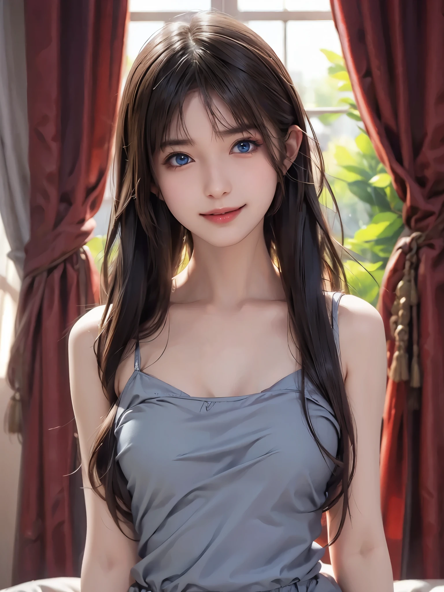  portrait、Realistic、Elegant mature women、 blue eyes、 shiny hair、smile、 camisole 、bedroom、Beautiful breasts, 4K resolution、 High Quality CG、Beautiful CG、Soft light