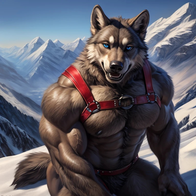 muscular feral malamute posing for the camera, wearing harness. 4k, high resolution, best quality, perfect colors, perfect shadows, perfect lighting, posted on e621, anthro body, malamute, (solo:1.1), male, matured, adult, very masculine, (very muscular, very buff, muscular arms, very heavyweight, very thick build:1.4), (pectorals, large pecs, strong chest:1.2), correct anatomy, (photorealistic fur, detailed fur, epic, masterpiece:1.2), (black background, night background:1.1), (snowing, blizzard:1.3), (by Taran Fiddler, by virtyalfobo), (by raccoon21, echin:0.6), (detailed malamute eyes, detailed face:1.2), impressive physique, determined face, (proud posture, proud chest, strong posture:1.1), (shiny muscles:1.2), short fur, (detailed harness:1.2), (tight underwear, large belt, sturdy belt, detailed belt, detailed underwear, detailed belt buckle, bulge:1.1), tail, dim lighting, gruff face, gruff design, large hands, (half body, close-up:1.1) looking at viewer