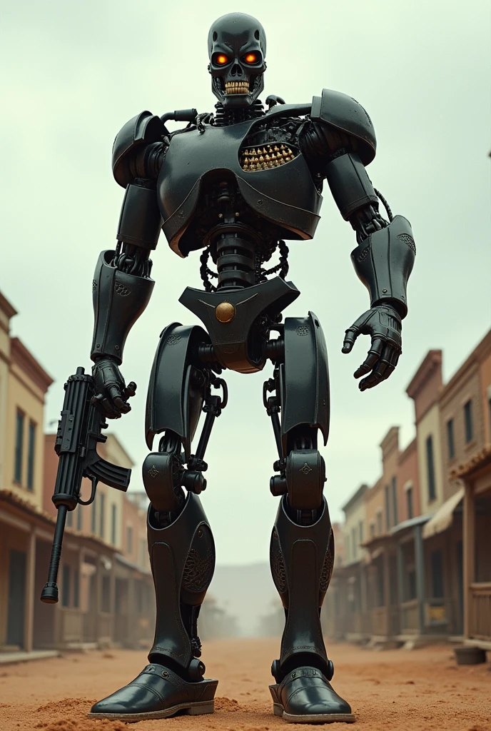 the T-800 (Schwarzenegger, age 30, physical prime, black cowboy outfit, black cwboy boots, black hat, several bloody bullet wounds), menacing, carrying a Gatling gun one handed, ammo bandolier, old west town, viewed from a low angle, show all of him
