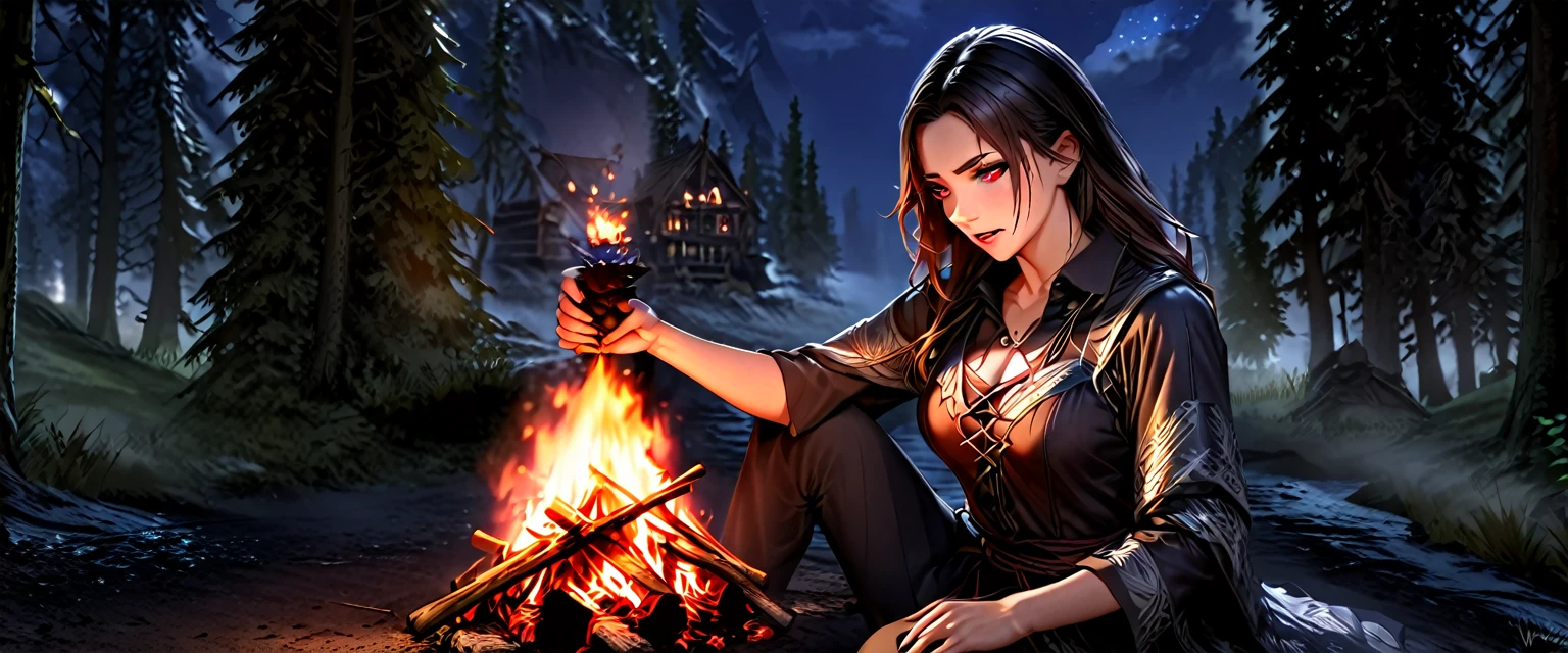 quality　 wallpaper　8k　 CG animation、 megami magazine、(masterpiece、最高quality、 so beautiful、Super detailed)、 complex details、old nordic town、Skyrim、Port、red eyes、Alone、1girl,black hair、long hair、vampire、(meadow、forest)、night sky、star night、Campfire、Warm glow、1girl,1boy、Port、Dovahkiin 、Skyrim