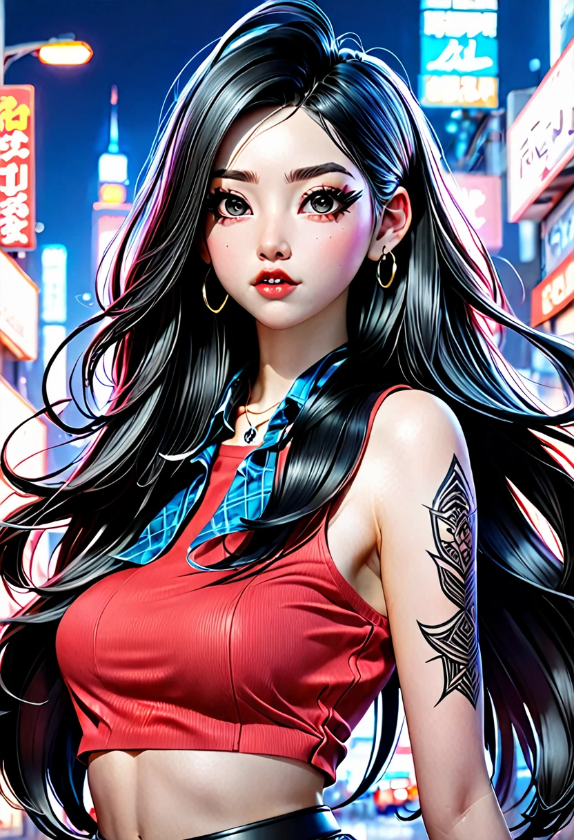 anime-girl, Goth girl 1girl, black hair, rossdraws 2. 0, long hair, big beautiful eyes, Tattoo, school clothing, shirt, red skirt, black_pantyhose, mouth open, Head tilted down, looking slightly up at the camera, rossdraws | afrofuturism, bokeh, f1.4, 40mm, huweiz style illustrations, photorealistic, rossdraws 1. 0, rossdraws 2. 5, small , bright rossdraws cartoons, textured skin, skin pores, cyberpank 2077, kushak belt, 8k, high -quality detailed graphics 8k, intricate details, in the modern room, neostyle, cityscape, scenery