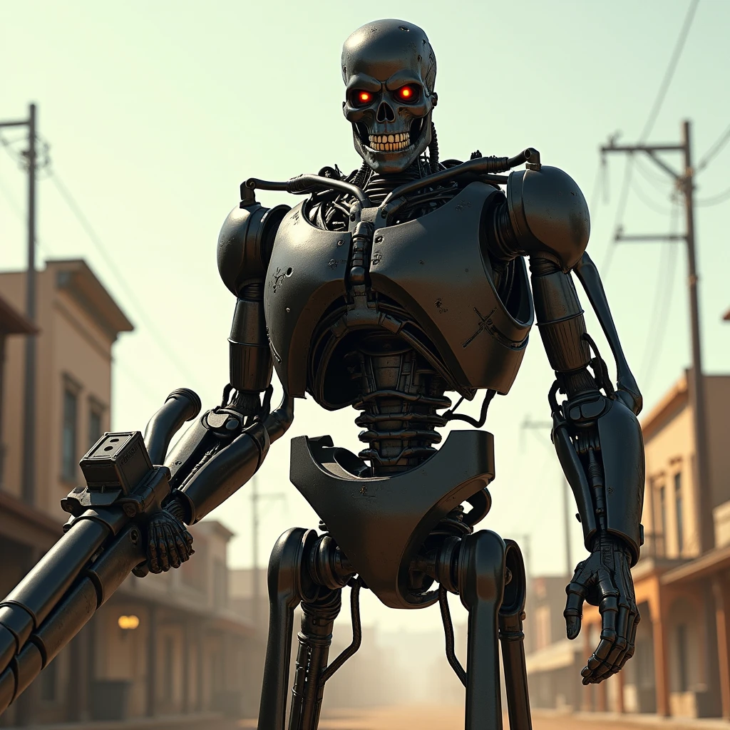 the T-800 (Schwarzenegger, age 30, physical prime, black cowboy outfit, black cwboy boots, black hat, several bloody bullet wounds), menacing, carrying a Gatling gun one handed, ammo bandolier, old west town, viewed from a low angle, show all of him
